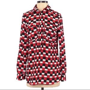Michael Kors MK Red Black White Check Pattern Popover Tunic Blouse.